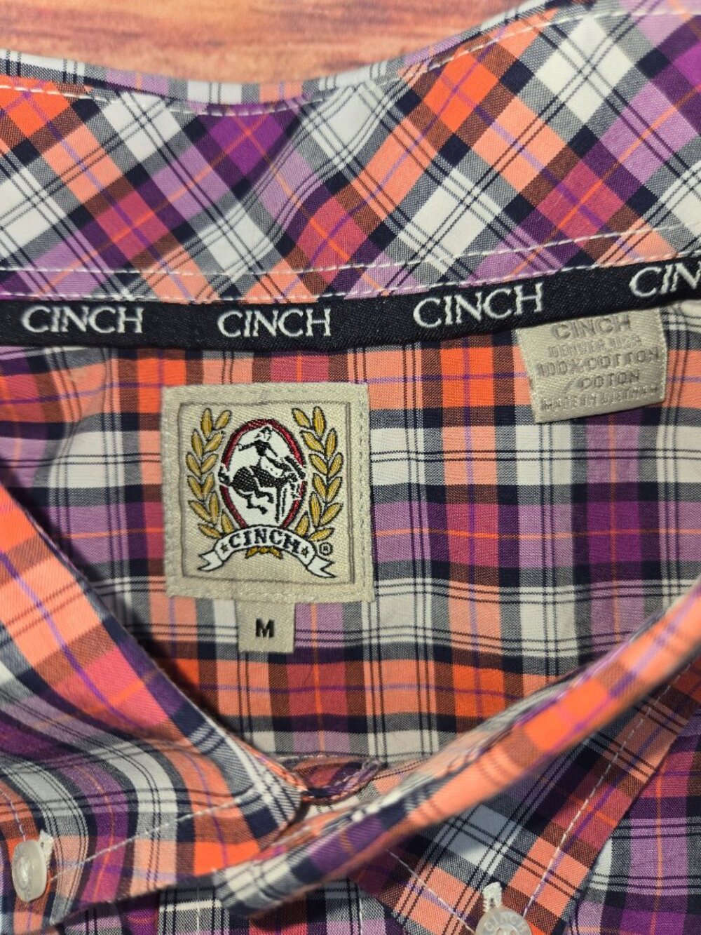 Cinch Mens Plaid Short Sleeve Shirt Medium Orange Purple Plaid - Picture 5 of 7